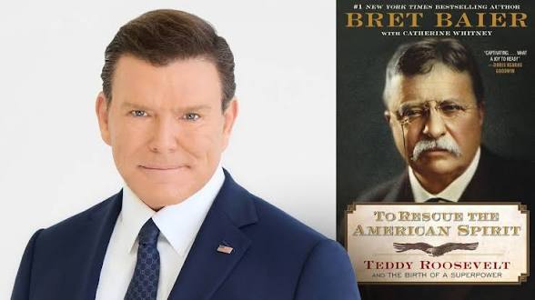 Bret Baier next to the cover of his book, 