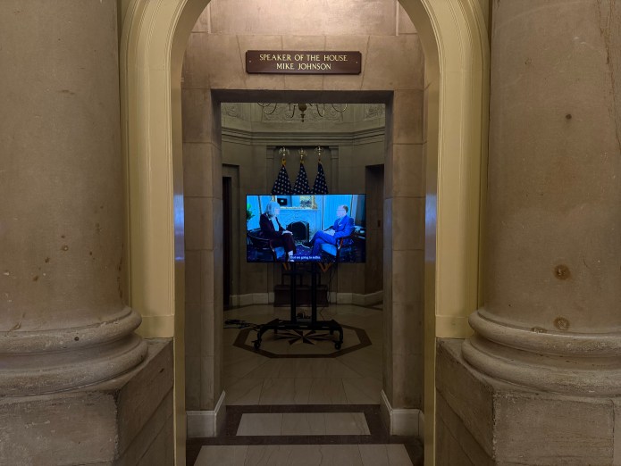 A clip of Minority Whip Katherine Clark (D-MA) talking about the shutdown on loop from the speaker's office. (Lauren Green / Washington Examiner)
