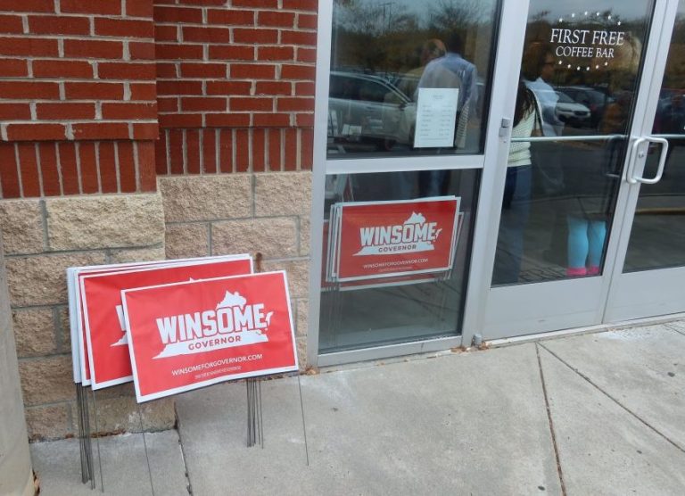 At a coffee shop in Charlottesville, where Earle-Sears had been scheduled to campaign Tuesday afternoon, her husband Terence Sears took the stage in her place. (Samantha-Jo Roth, Washington Examiner)