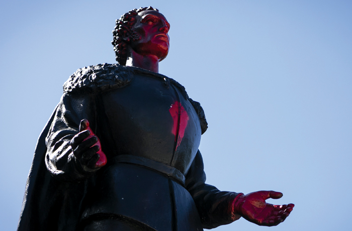A vandalized statue of Christopher Columbus is seen at Bayfront Park in Miami on June 11, 2020. (Eva Marie Uzcategui Trinkl/Anadolu Agency via Getty Images)