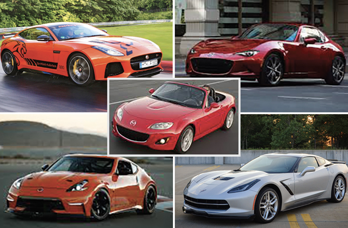 Clockwise from top left: 2017 Jaguar F-Type SVR $50,000, 2025 Mazda Miata $30,000, 2019 Corvette Stingray Z51 $40,000, 2012 Nissan 370Z $20,000, Center: 2010 Mazda MX-5 Miata $10,000