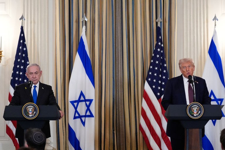 President Donald Trump speaks during a news conference with Israel's Prime Minister Benjamin Netanyahu