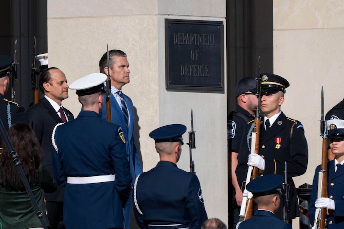 War Secretary Pete Hegseth welcomes Qatar Minister of Defense Sheikh Saoud Al Thani.