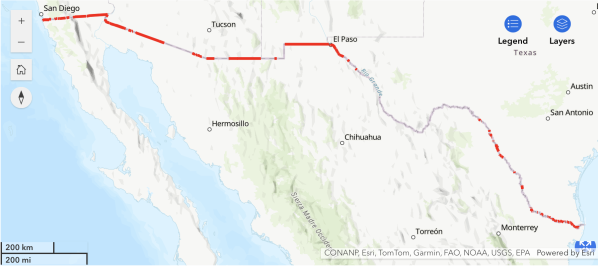 A map showing where there is a border wall as of the start of President Donald Trump's second term.