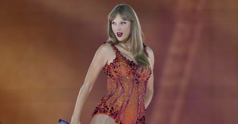 Taylor Swift performs at the Paris Le Defense Arena during her Eras Tour concert in Paris, on May 9, 2024. (AP Photo/Lewis Joly, File)