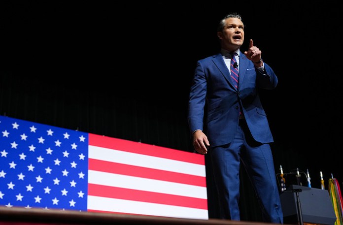Secretary of Defense Pete Hegseth speaks to senior military leaders at Marine Corps Base Quantico, Tuesday, Sept. 30, 2025 in Quantico, Va. (Andrew Harnik/Pool via AP)