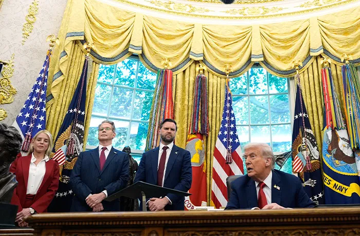 President Donald Trump speaks after signing an executive order regarding TikTok in the Oval Office at the White House, Thursday, Sept. 25, 2025, in Washington, as Attorney General Pam Bondi, Treasury Secretary Scott Bessent and Vice President JD Vance listen. (Alex Brandon/AP)