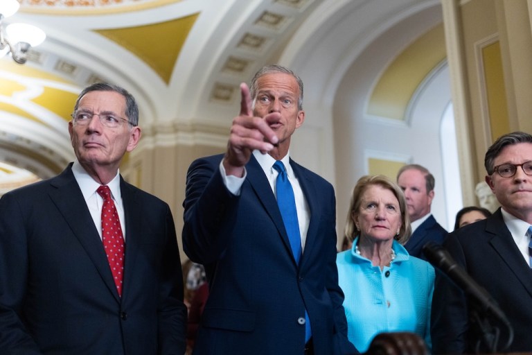 Senate Majority Leader John Thune (R-SD), accompanied by House Speaker Mike Johnson (R-LA), speaks during a press conference following a Senate Caucus Luncheon on Capitol Hill, Tuesday, Oct. 7, 2025.