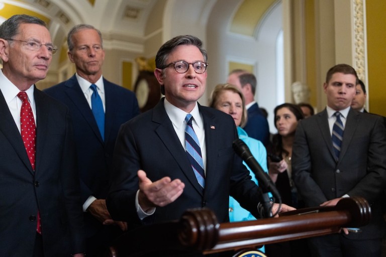 House Speaker Mike Johnson (R-LA), accompanied by Senate Majority Leader John Thune (R-SD), speaks during a press conference.
