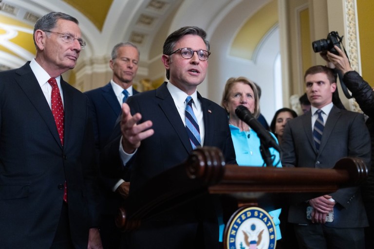 Senate Majority Leader John Thune (R-SD), accompanied by House Speaker Mike Johnson (R-LA), speaks during a press conference following a Senate Caucus Luncheon on Capitol Hill, Tuesday, Oct. 7, 2025.