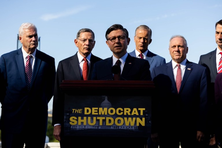 House Speaker Mike Johnson (R-LA) speaking at a joint House and Senate GOP press conference on the first day of the government shutdown on Wednesday, Oct. 1, 2025.