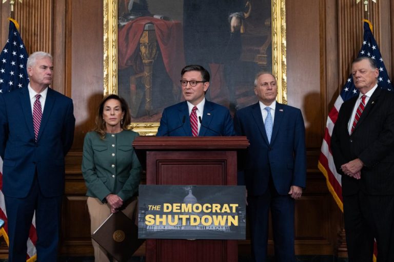 House Speaker Mike Johnson (R-LA) speaks during a press conference.