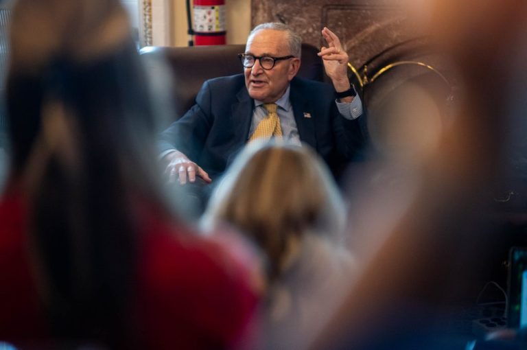 Senate Minority Leader Chuck Schumer (D-NY) speaks with reporters.