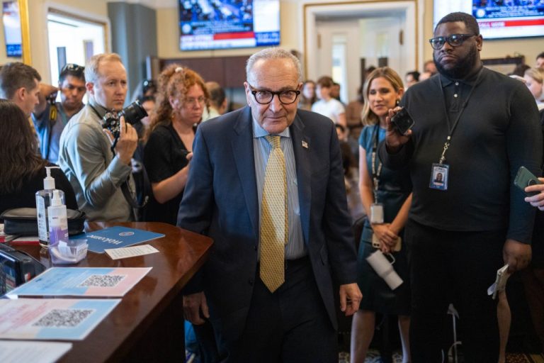 Senate Minority Leader Chuck Schumer (D-NY) leaves a meeting with reporters.