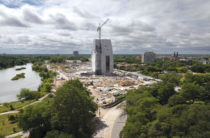 Construction is underway at The Barack Obama Presidential Center in Chicago. The museum, library, and education center is scheduled to open in 2026. (Scott Olson/Getty Images))