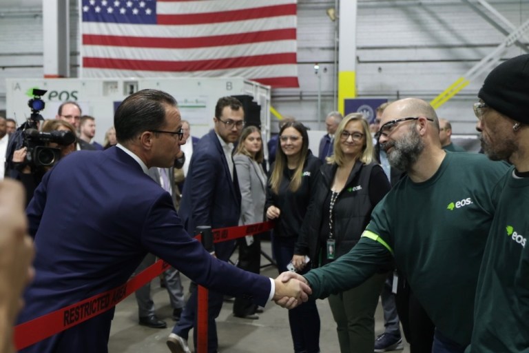 Gov. Josh Shapiro (D-PA) meeting with workers at Eos Energy, a zinc battery manufacturer that announced it would expand its footprint in the Pittsburgh region and relocate its headquarters to the North Side.