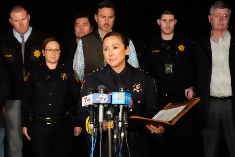 FILE - San Mateo County Sheriff Christina Corpus speaks at a news conference, Jan. 23, 2023, in Half Moon Bay, Calif. (AP Photo/Jeff Chiu, File)