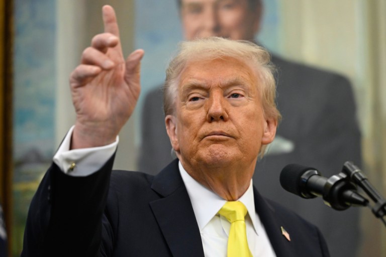 President Donald Trump speaks in the Oval Office.