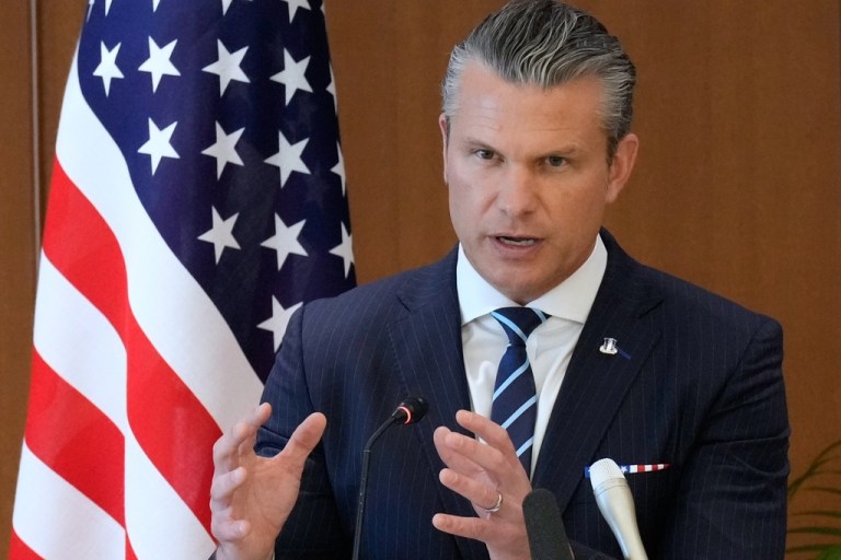 War Secretary Pete Hegseth speaks during a joint press conference.