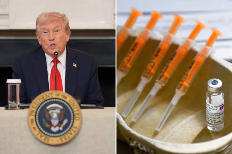 President Donald Trump and syringes of the AstraZeneca COVID-19 vaccine.