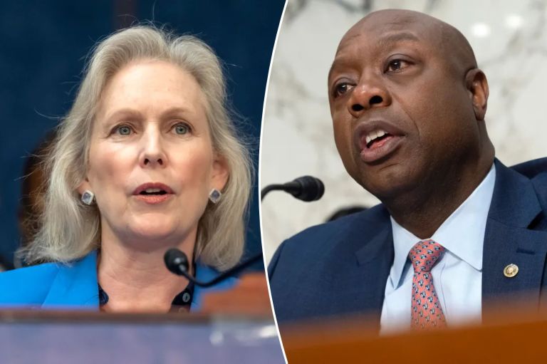 From l-r: DSCC Chair Kirsten Gillibrand (D-NY) and NRSC Chair Tim Scott (R-SC). (AP Photos/Jacquelyn Martin/Mark Schiefelbein)