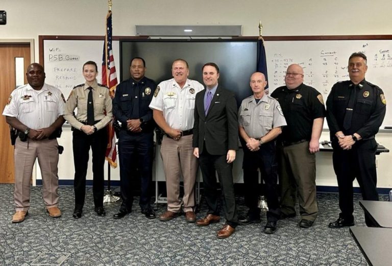 Virginia Attorney General Jason Miyares attends a roundtable discussion in Winchester, Virginia, with local law enforcement