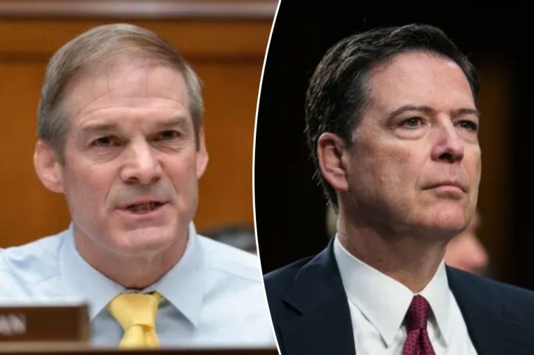 Jim Jordan sits at a podium next a picture of James Comey