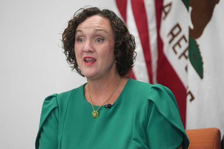 California gubernatorial candidate Katie Porter speaks during an interview.