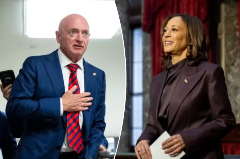 A collage of Mark Kelly and Kamala Harris