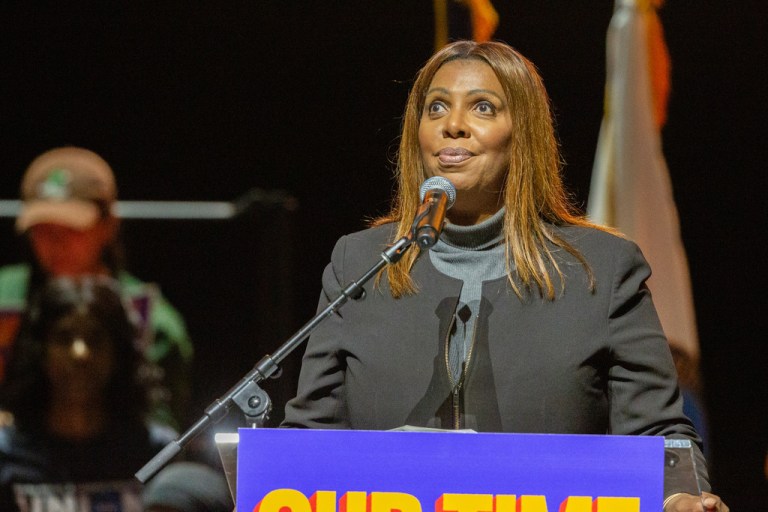 New York Attorney General Letitia James speaks at a rally for Democratic New York City mayoral candidate Zohran Mamdani.