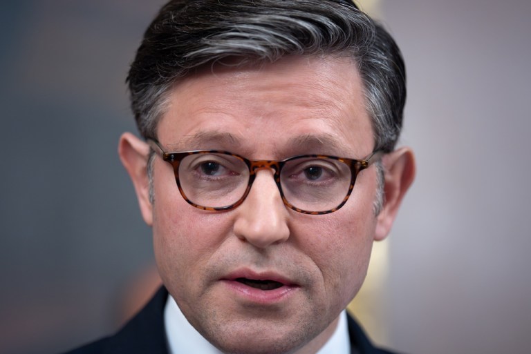 Mike Johnson answers questions during a press conference