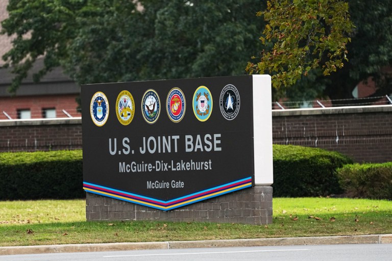 A sign for U.S. Joint Base McGuire-Dix-Lakehurst in New Jersey is seen.