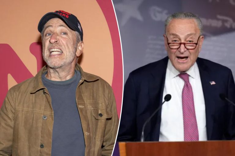 Talk show host Jon Stewart and Senate Minority Leader Chuck Schumer (D-NY)