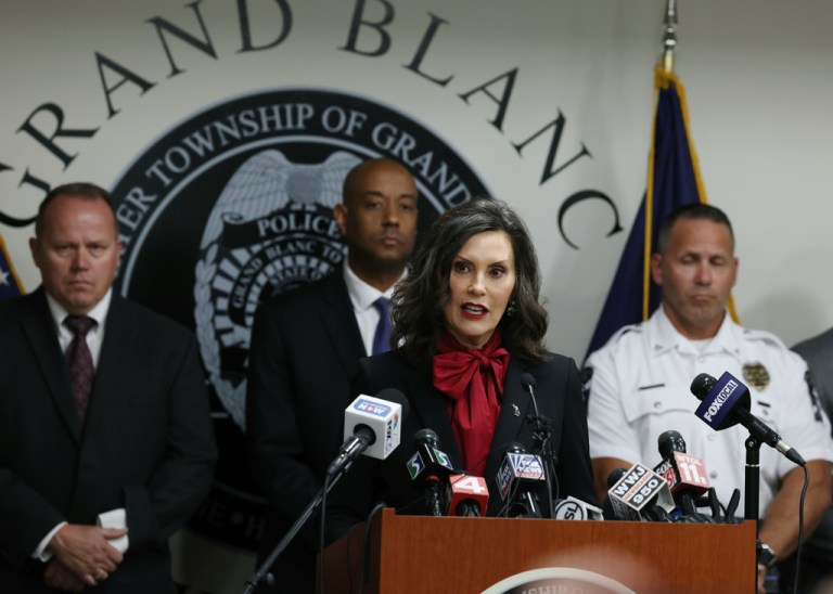 Michigan Gov. Gretchen Whitmer addresses the media, regarding the shooting at the Church of Jesus Christ of Latter-day Saints, during a news conference at the Grand Blanc Township police, Monday, Sept. 29, 2025 in Grand Blanc Township, Michigan.