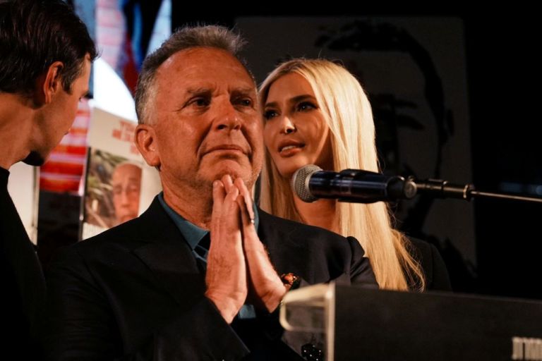 Witkoff is seen in Tel Aviv before a crowd of rallygoers.