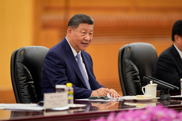 Chinese President Xi Jinping speaks during a meeting.