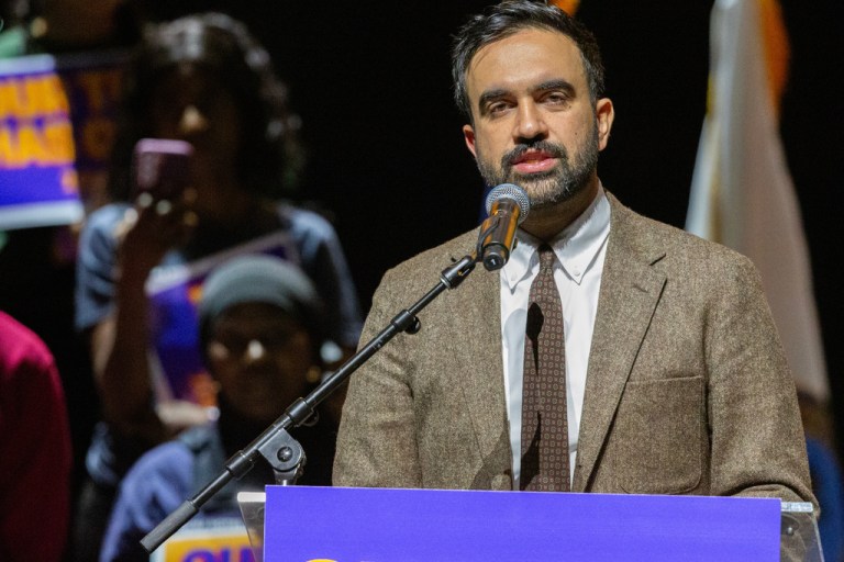 Mamdani speaks at a campaign rally.