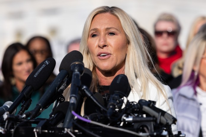 Rep. Marjorie Taylor Greene (R-GA) speaks at an Epstein press conference.