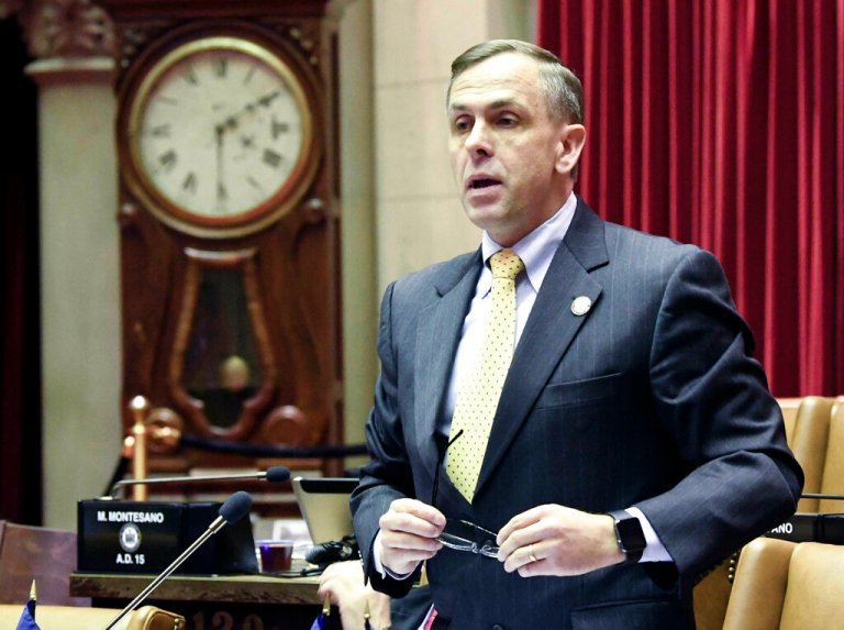 Assemblyman Robert Smullen, R-Herkimer, debates new legislation reforms to protect New Yorkers from gun violence in the Assembly Chamber at the state Capitol on Tuesday, Jan. 29, 2019, in Albany, N.Y. (AP Photo/Hans Pennink)