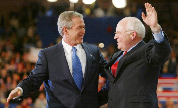 President Bush and Vice President Dick Cheney embrace following President Bush's acceptance speech in Madison Square Garden during the final night of the Republican National Convention Thursday, Sept. 2, 2004, in New York. 