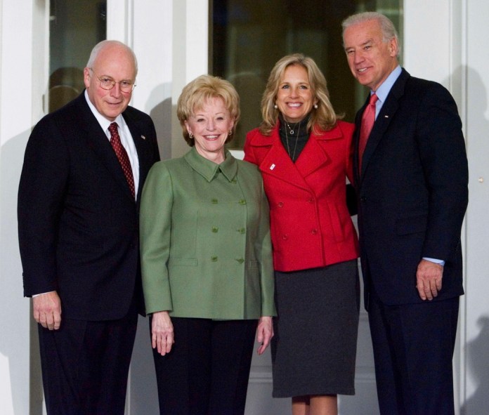 FILE- Vice President Dick Cheney and wife Lynne Cheney, welcome Vice President-elect Joe Biden, right, and his wife Jill Biden in the Vice President's official residence at the Naval Observatory, Thursday, Nov. 13, 2008, in Washington.
