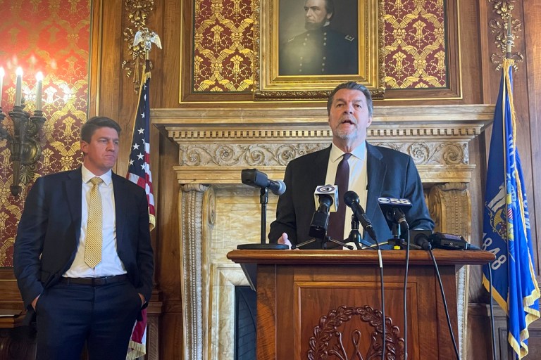 Rep. Robert Wittke, right, and Sen. Eric Wimberger, Republican co-chairs of the Wisconsin Legislature's Joint Audit Committee, take questions on plans to audit a state agency causing delays for professional licenses, on Feb. 7, 2023, in Madison, Wis.