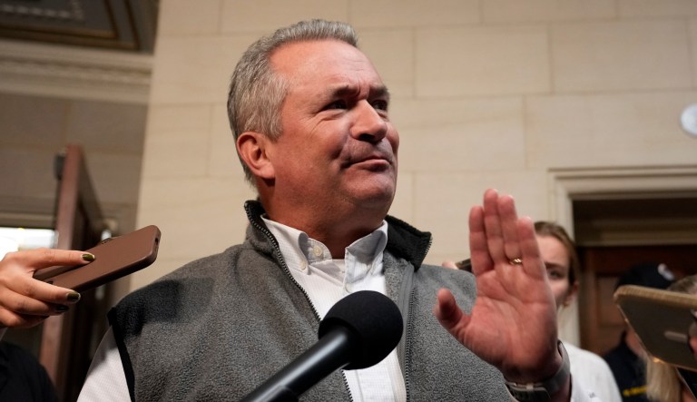 Rep. Don Bacon, R-Neb., speaks to reporters as Republicans meet to decide who to nominate to be the new House speaker, on Capitol Hill in Washington, Monday, Oct. 23, 2023. (AP Photo/Alex Brandon)