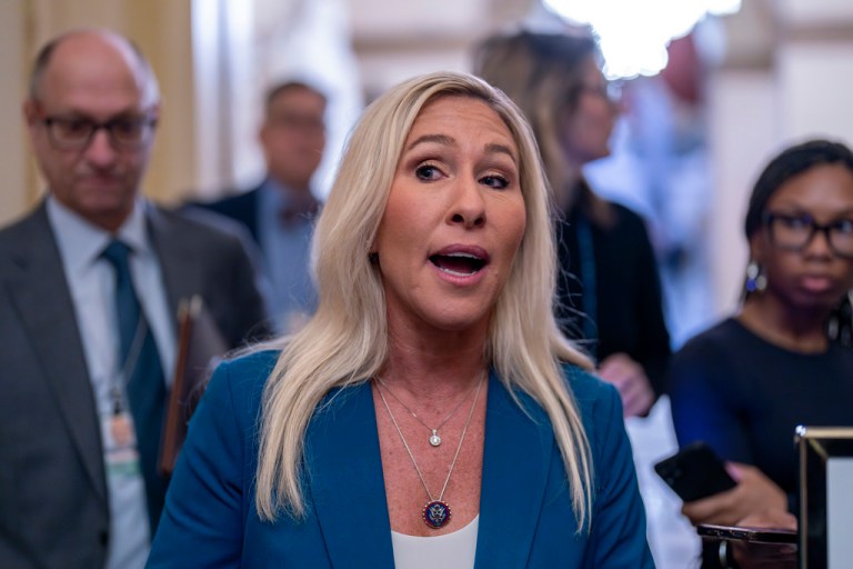 Rep. Marjorie Taylor Greene (R-GA) talks to reporters.