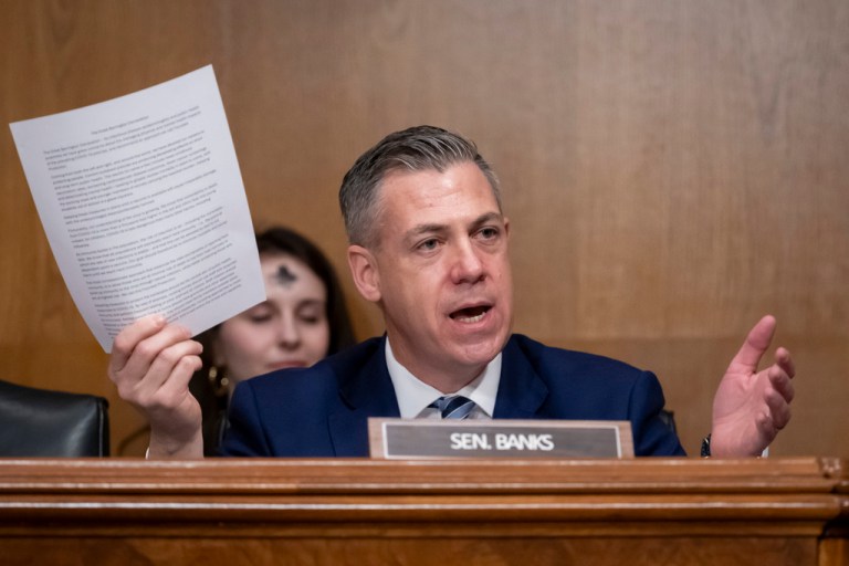 Sen. Jim Banks speaking during a congressional hearing.