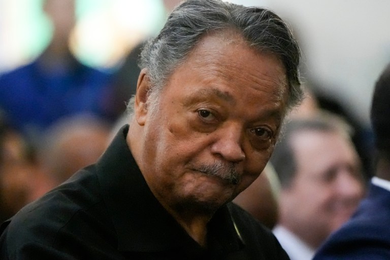 The Rev. Jesse Jackson listens to speakers at the Tabernacle Baptist Church during the 60th anniversary of the march to ensure that African Americans could exercise their constitutional right to vote, Sunday, March 9, 2025, in Selma, Ala. (AP Photo/Mike Stewart)