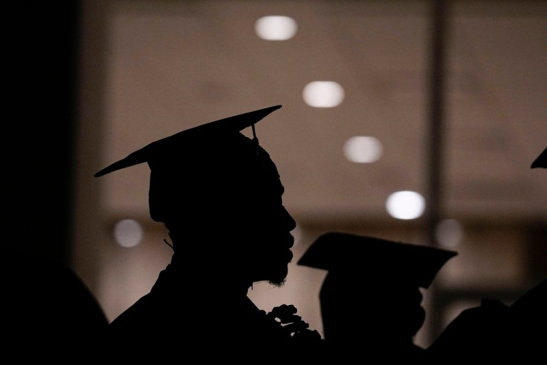 A Morehouse College student lines up before the school commencement, May 19, 2024, in Atlanta.