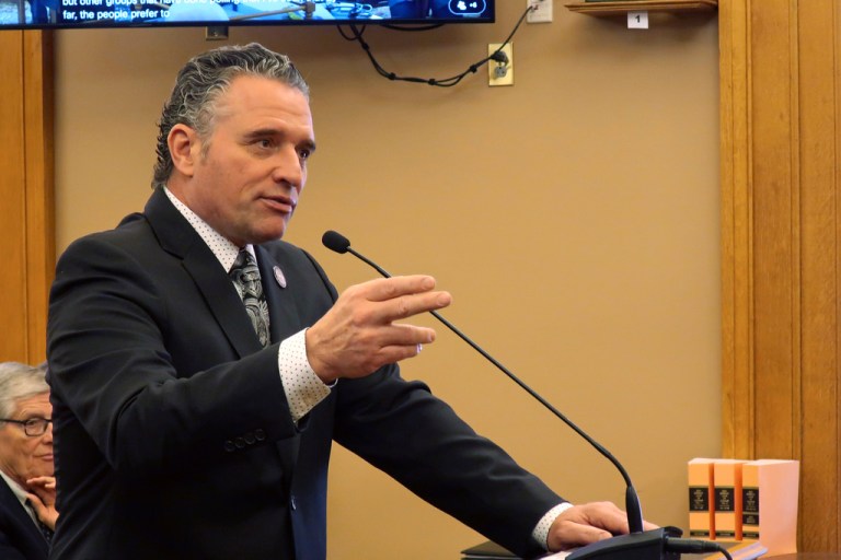 FILE - Kansas Senate President Ty Masterson, R-Andover, testifies during a committee hearing, Feb. 25, 2025, at the Statehouse in Topeka, Kans. (AP Photo/John Hanna, File)