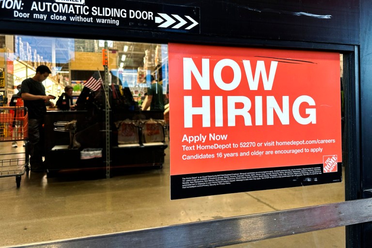 FILE - A hiring sign is displayed at a retail store in Mount Prospect, Ill., Saturday, Nov. 2, 2024. (AP Photo/Nam Y. Huh, File)