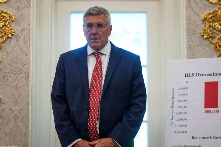 Stephen Moore of the Heritage Foundation listens as President Donald Trump speaks.
